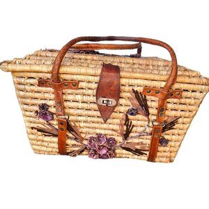 Vintage 60s Mexican Picnic Basket Woven Raffia Leather Purple‎ Flowers 15x9x9